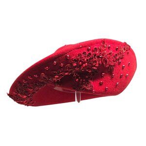 Red Wool Beaded Embroidered Beret Hat For Women Fancy Vintage-Inspired Look